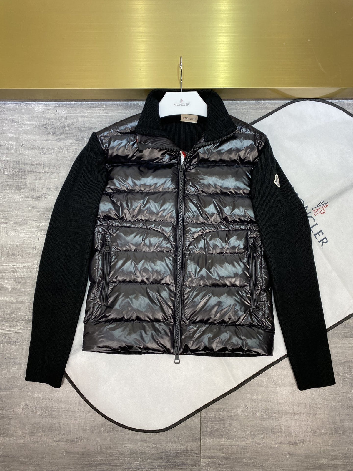 Moncler Quilted Knit-Sleeve Zip Jacket — hero