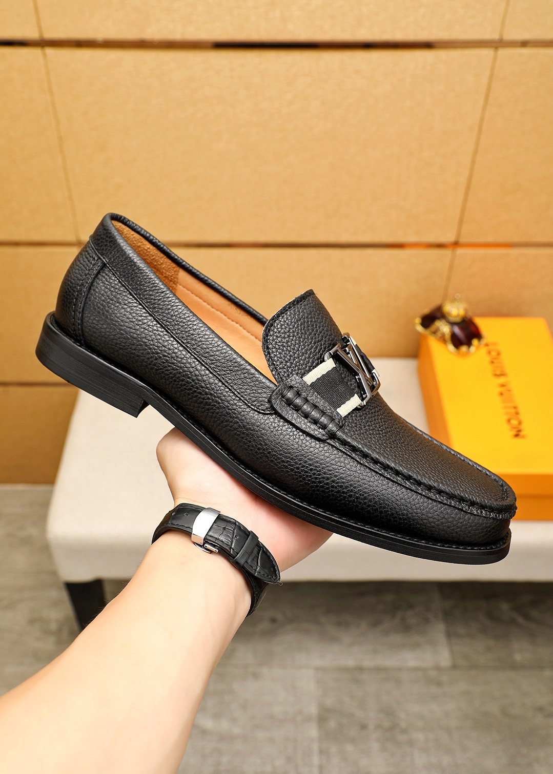 Louis Vuitton Black Pebbled Leather Loafers — model