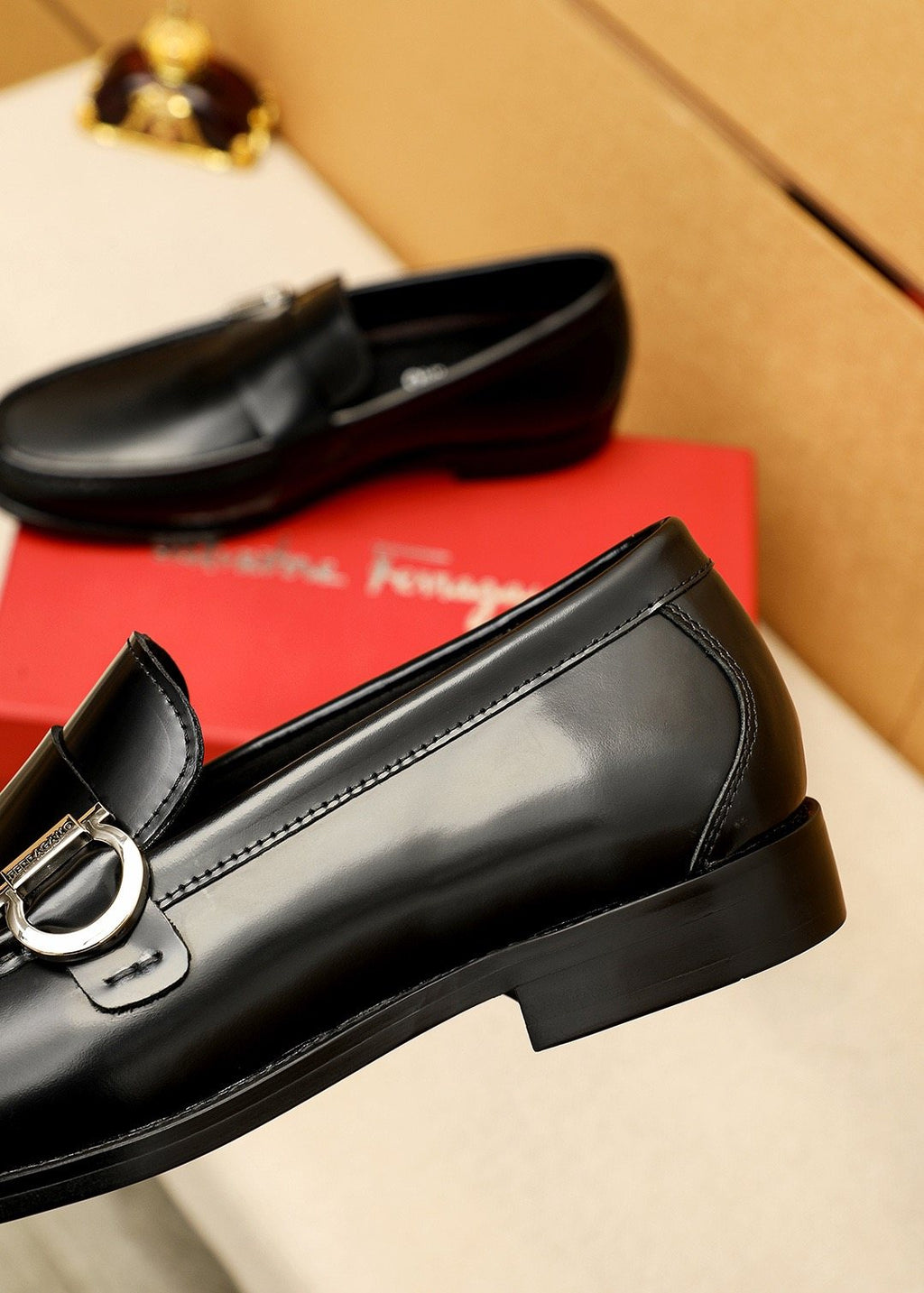 Ferragamo Black Buckle Loafers — side