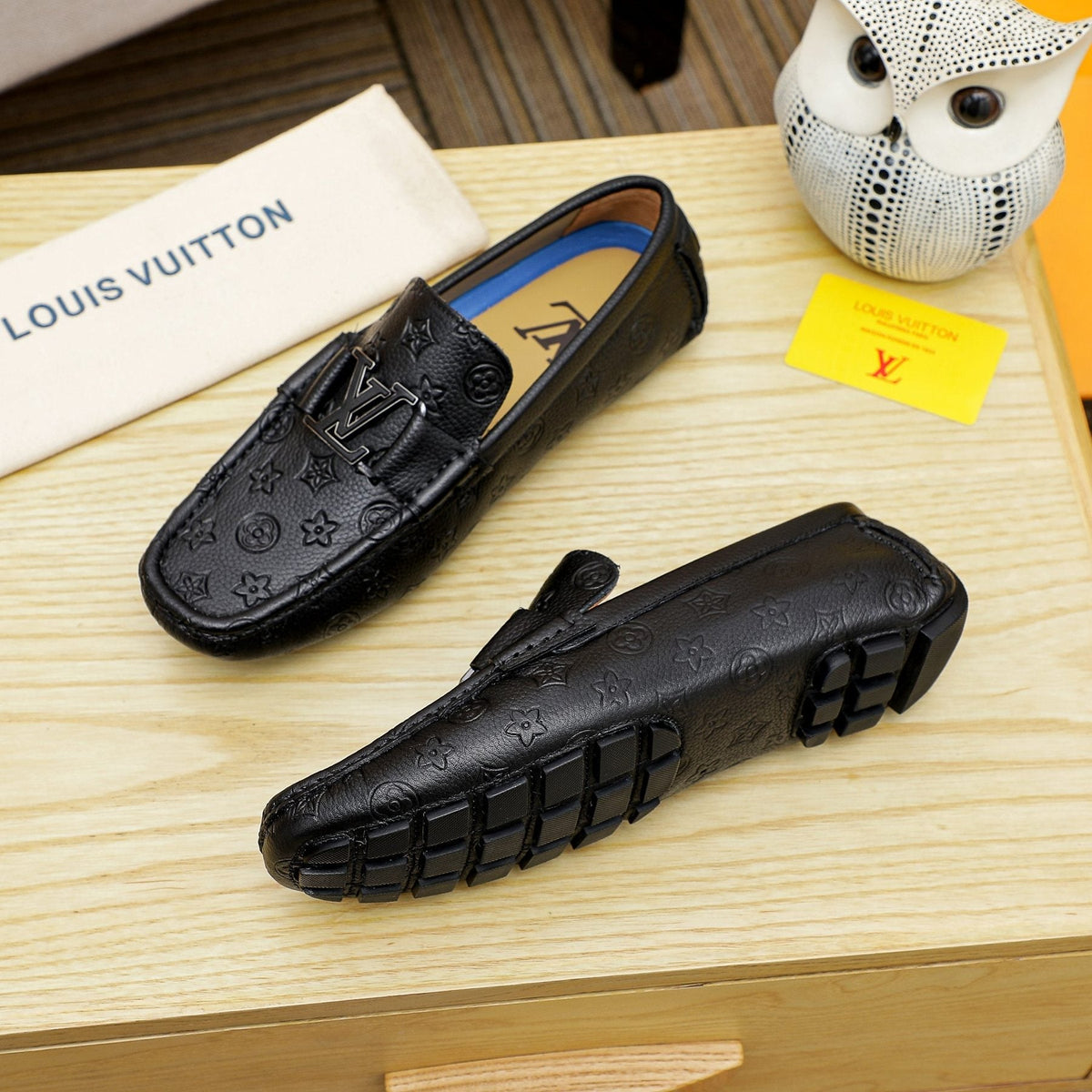 Louis Vuitton Black Embossed Driving Loafers — side