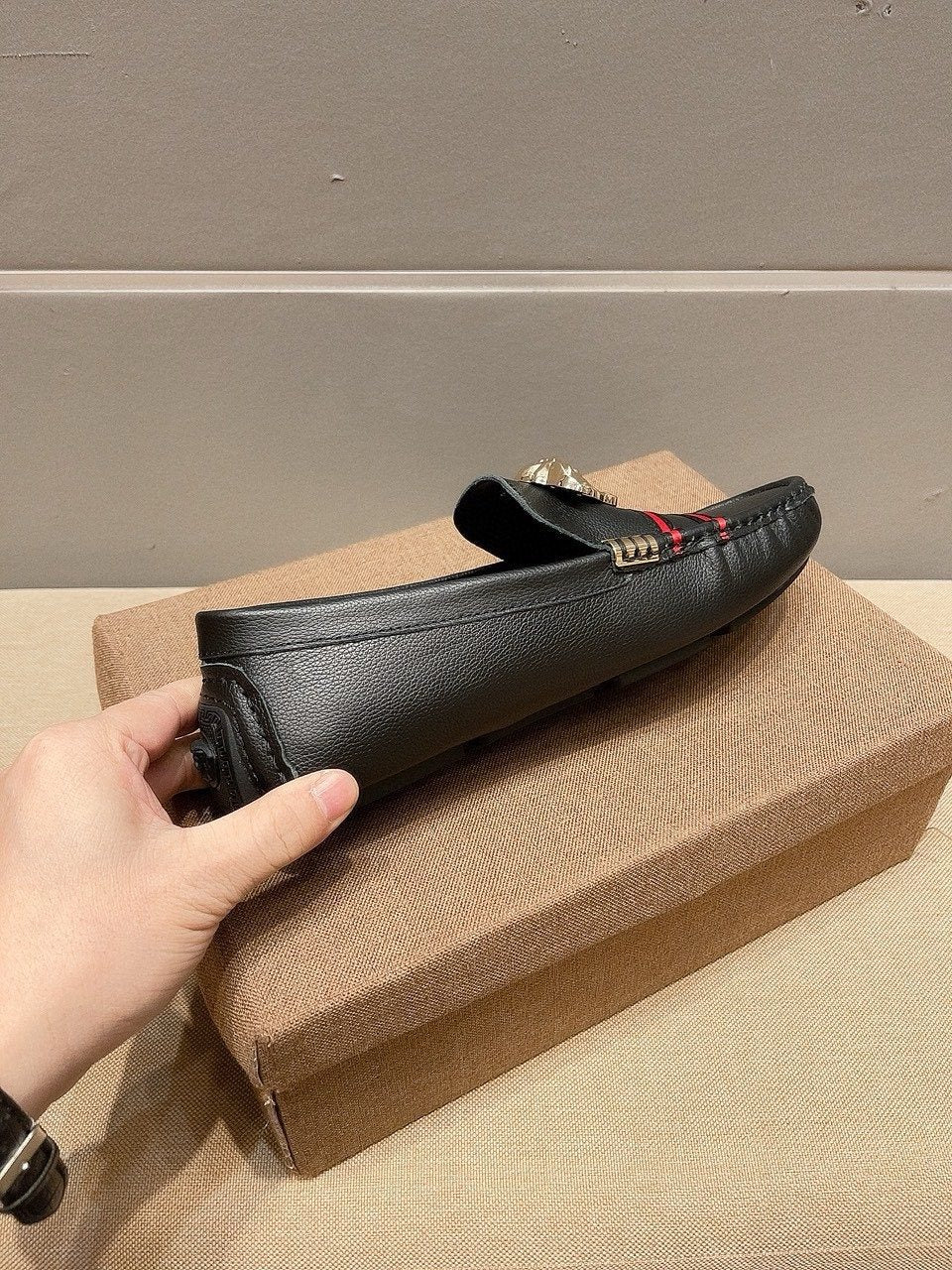 Versace Black Red Stripe Slip-On Loafers — side