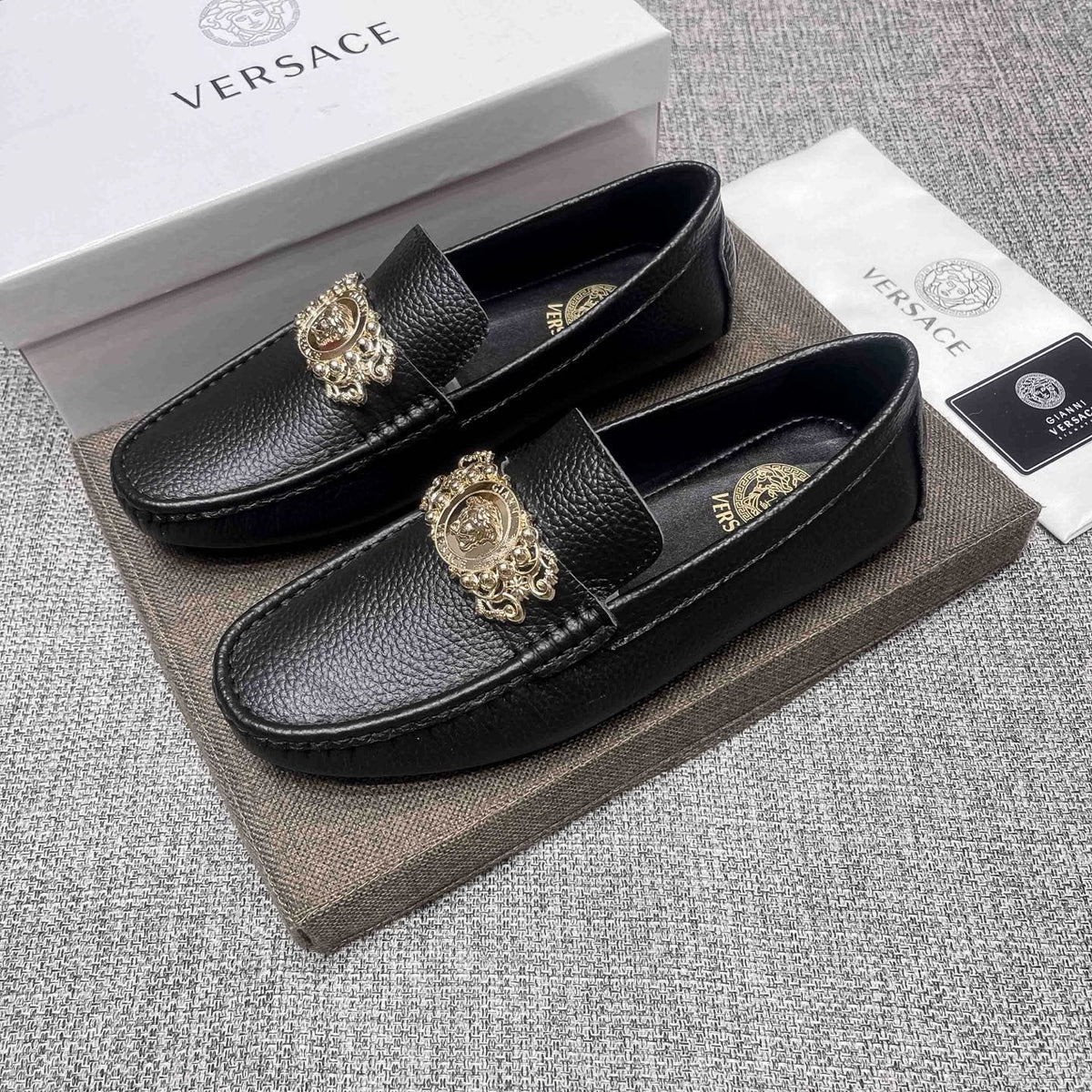 Versace Black Pebbled Leather Loafers — detail