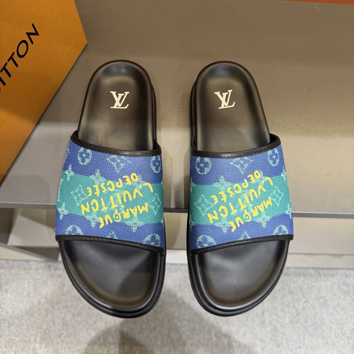 Louis Vuitton Blue & Green Printed Slide Sandals — hero