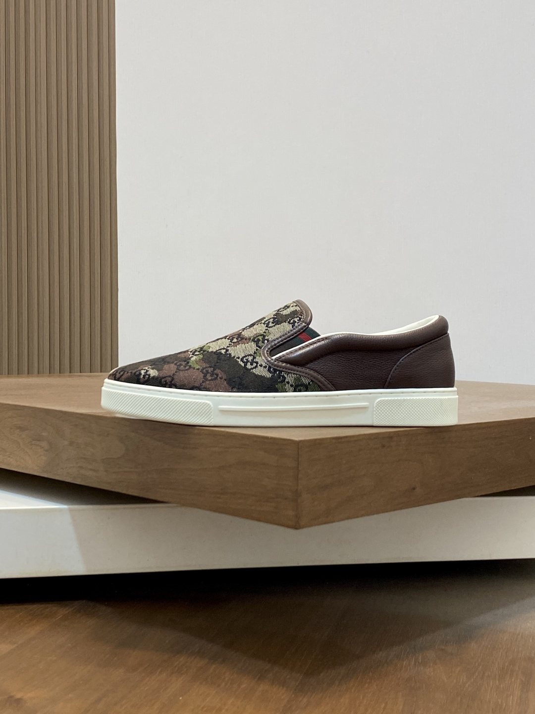 Gucci Dark Brown Patterned Slip-On Sneakers — side