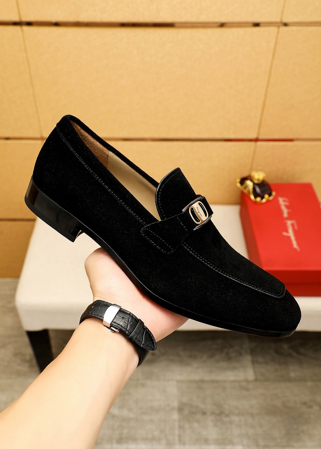 Ferragamo Black Buckle Slip-On Loafers — model