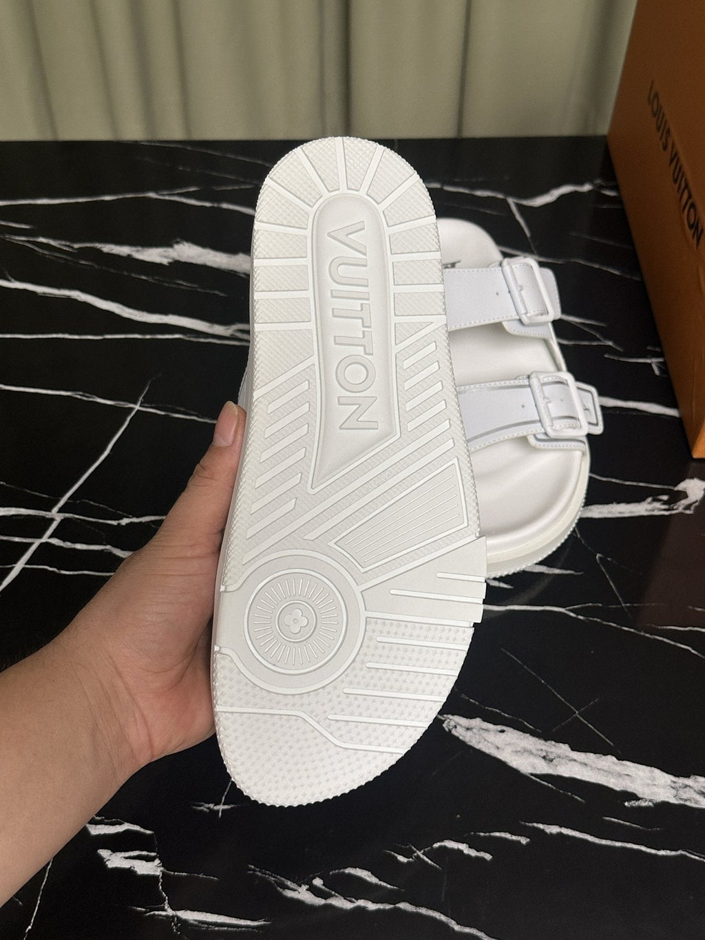 Louis Vuitton White Double-Buckle Slide Sandals — detail