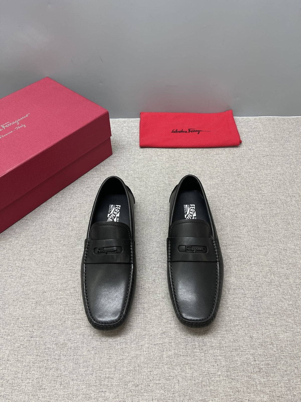 Ferragamo Black Leather Driving Loafers — front