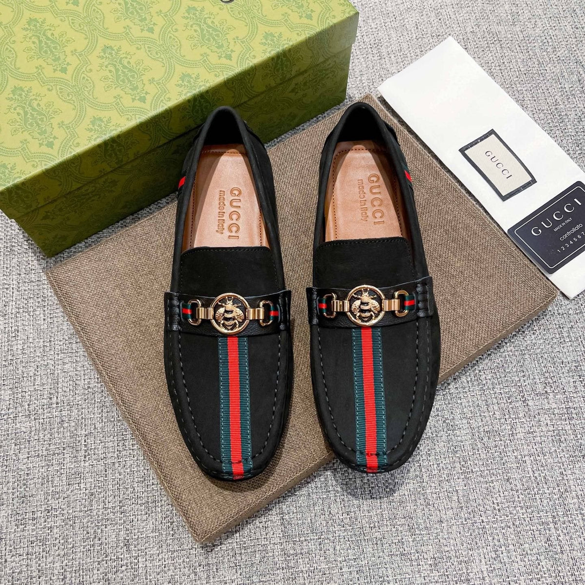 Gucci Black Stripe Driving Shoes — front
