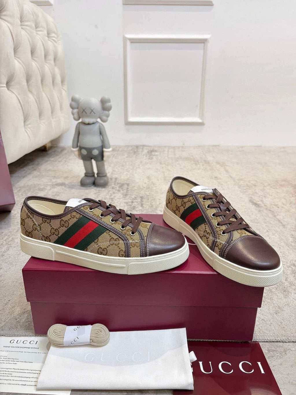 GUCCI Brown Monogram Stripe Sneakers — front