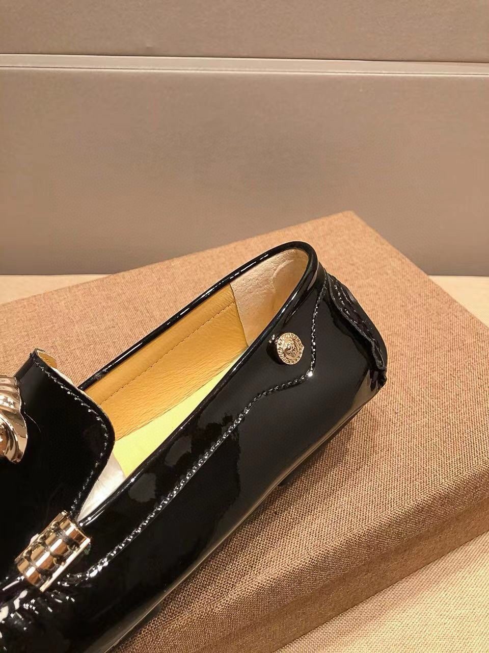 Versace Black Patent Leather Medusa-Style Loafers — detail