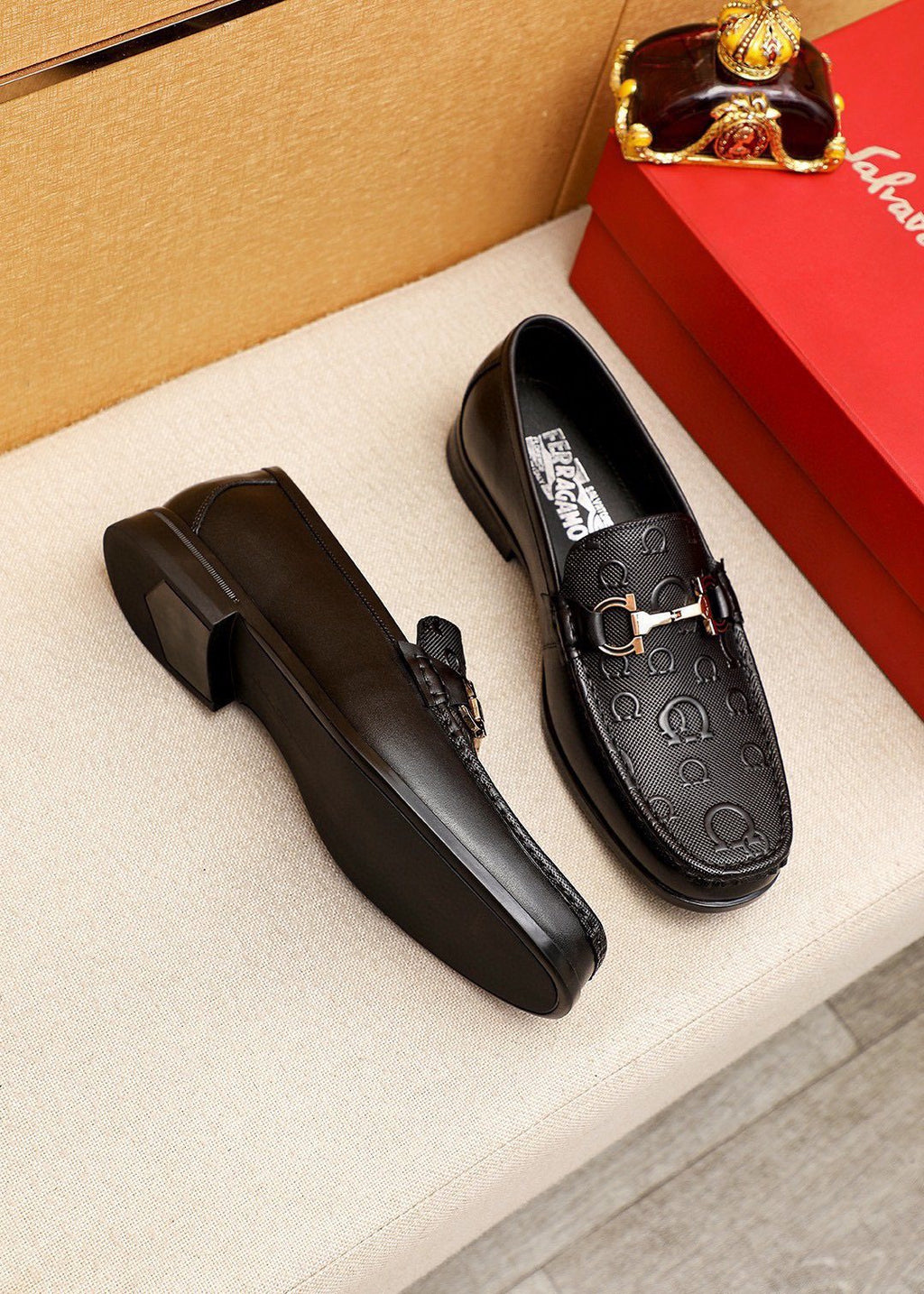 Ferragamo Black Embossed Buckle Loafers — front