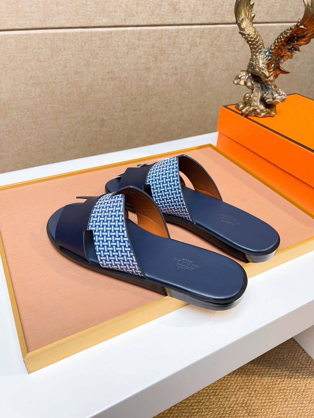 Hermès Blue Patterned H Slide Sandals — side