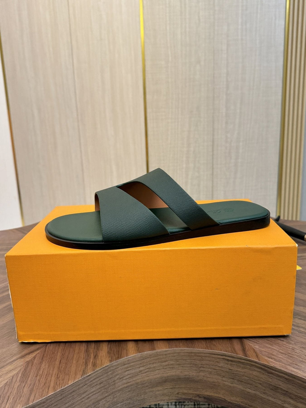 Loro Piana Dark Green Slide Sandals — side