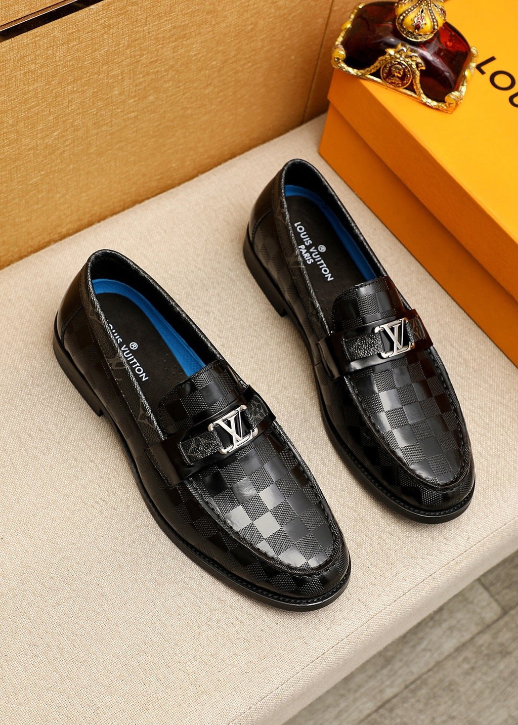 Louis Vuitton Black and Dark Gray Check Loafers — hero