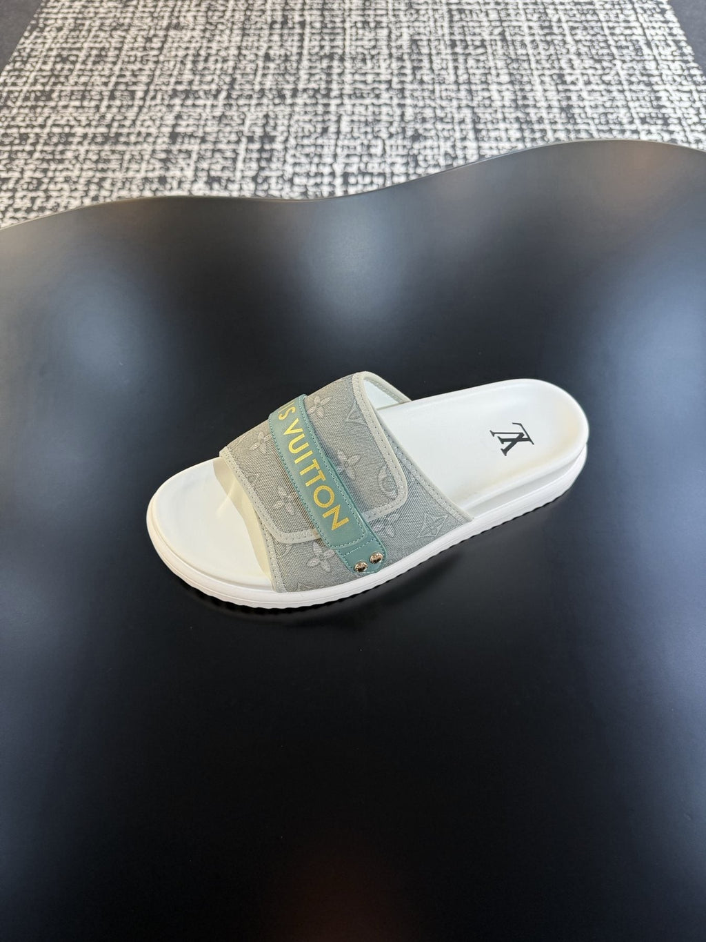 Louis Vuitton Gray Logo Slide Sandals — detail