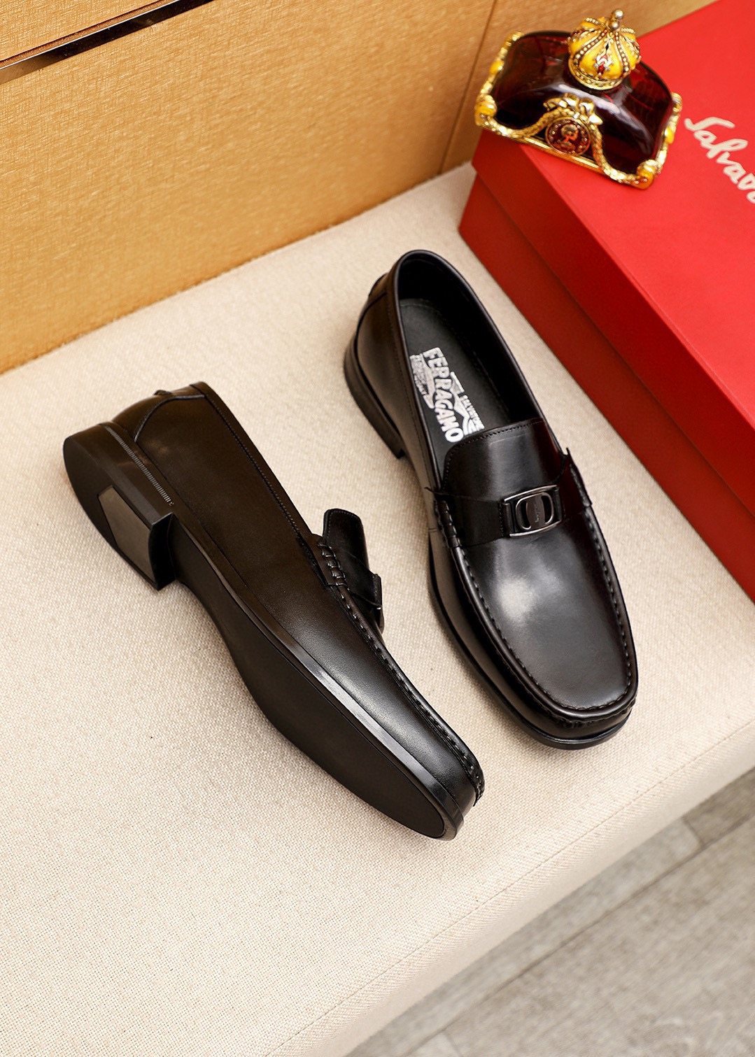 Ferragamo Black Buckle Loafers — front