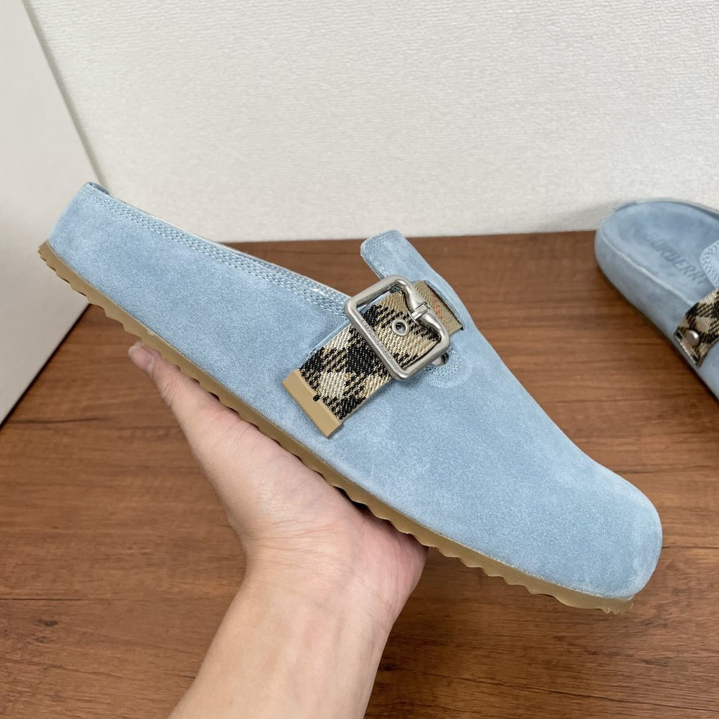 Burberry Powder Blue Check Strap Mule Sandals — side