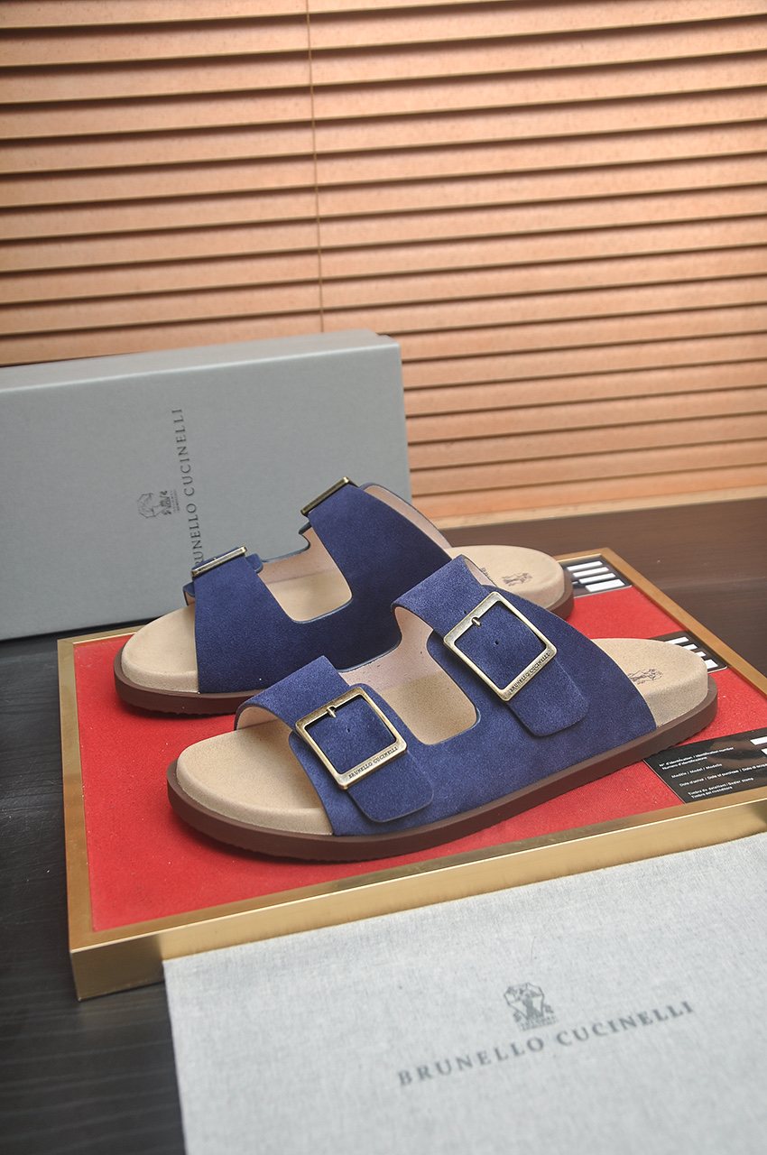 Brunello Cucinelli Tan Double-Buckle Slide Sandals — front