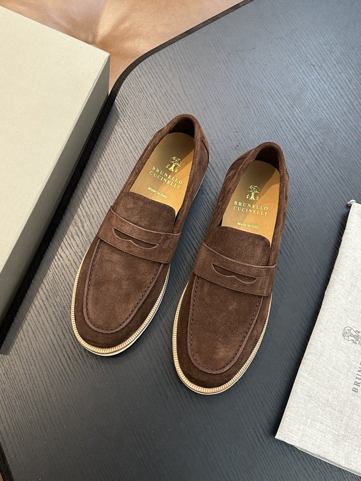 Brunello Cucinelli Suede Penny Loafers — front