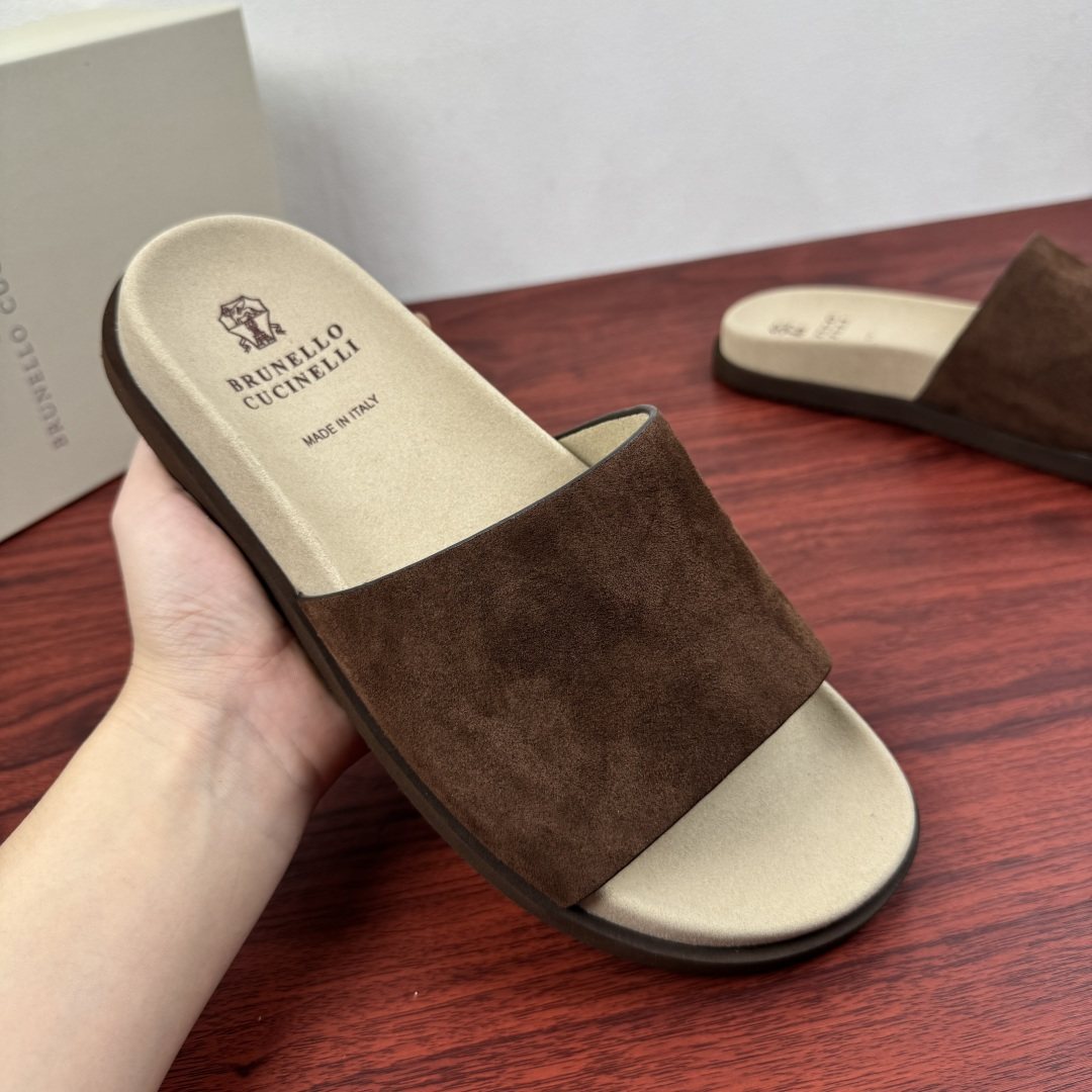 Brunello Cucinelli Suede Slide Sandals — front