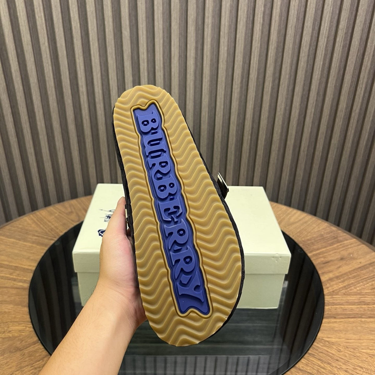 Burberry Brown Plaid Buckle Mule Slippers — detail