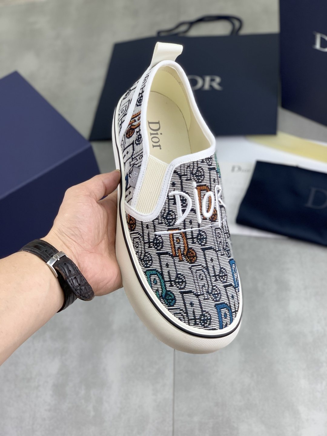 Dior Navy Patterned Slip-On Canvas Shoes — model